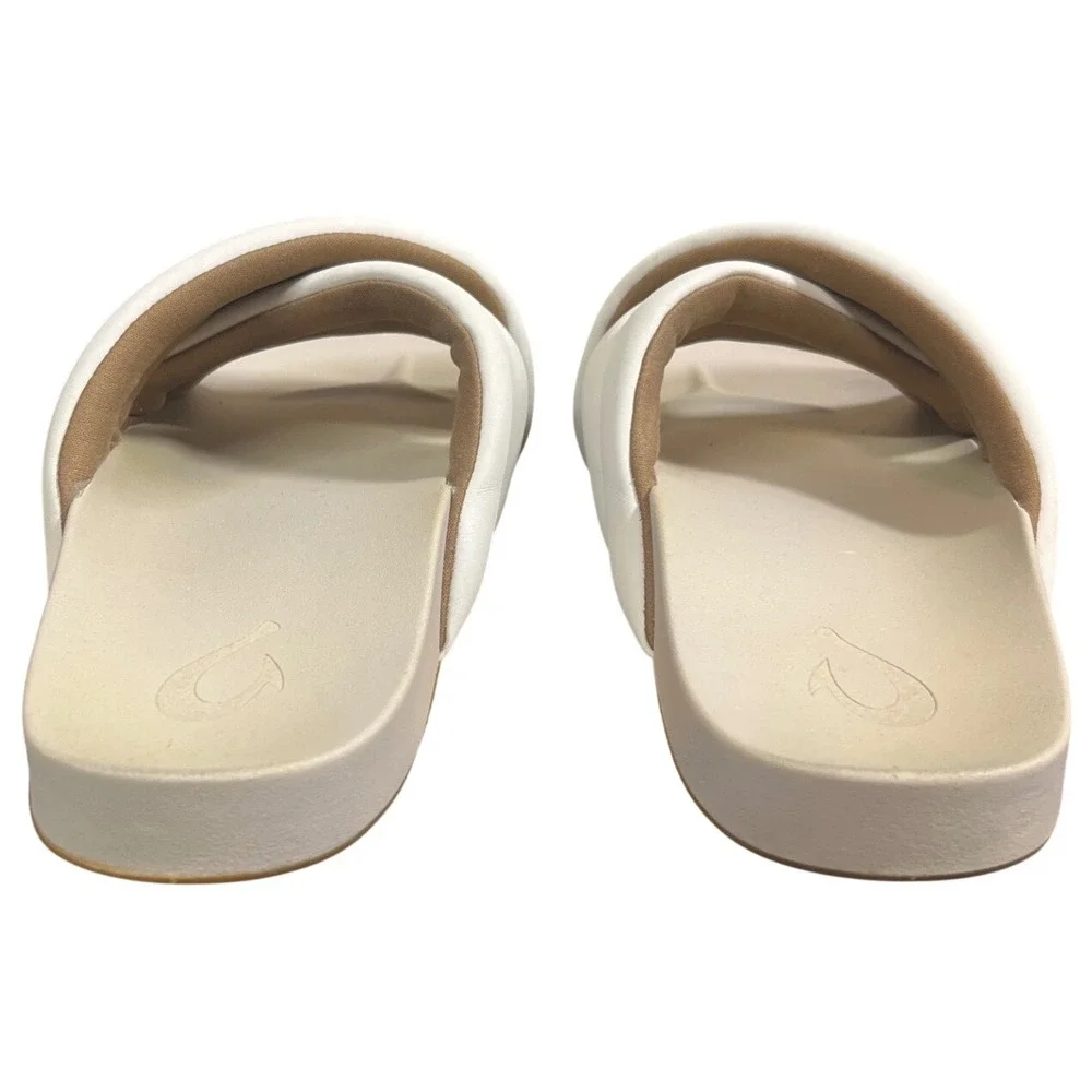 OluKai Mi'i Womens Leather Puffy Crisscross Slide Sandals Bone‎ White Size 10